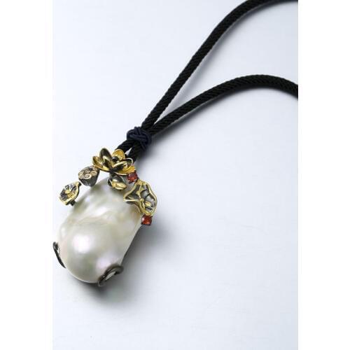 Original Design S925 Sterling Silver Baroque Shaped Natural Pearl Female Court Retro Thai Silver Pendant Factory Wholesale