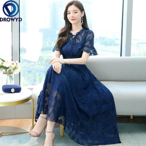 2021 New Summer Beach Maxi Dress for Women Fashion High-end Jacquard Chiffon Dress Short-sleeved Casual Loose Pleated Dresses