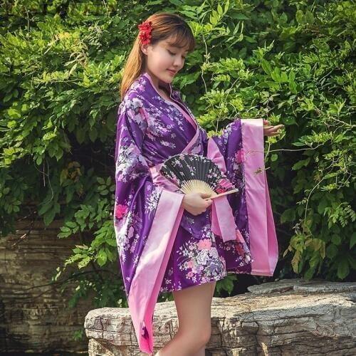 Women Japanese kimono traditional clothing 2018 full sleeve kimono dress for stage cosplay lady female yukata costume DD981 L