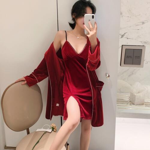 Winter And Autumn Sexy Chest Cushion Golden Velvet Sleepwear Goddess Suspended Nightgown Nightgown Two-Piece Velvet Home Dress
