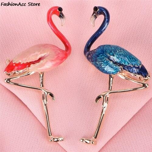 1PC Flamingo Bird Brooches Women Mens Metal Animal Brooch Pins Banquet Broche Gift Scarf Buckle Red Blue