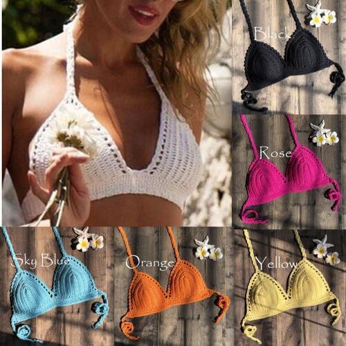 2019 Handmade Crochet Women Bikini Top Halter Cami Tank Crop Top Breasts Women Sexy Spa Split Swimsuit Bathing Top Bra Lingerie