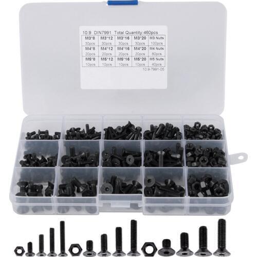 460Pcs M3 M4 M5 Alloy Steel Countersunk Flat Head Hex Socket Cap Screws Nuts Set Assortment Kit Precise Metric Bolts Nuts Set