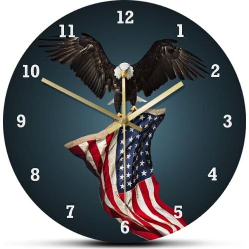 US American Flag Decorative Modern Classic North Bald Eagles Star and Striped Silent Wall Clock Veterans Day Patriotic Gift Idea