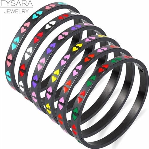 FYSARA Double Heart Enamel Bracelet & Bangles For Women Titanium Steel Charm Cuff Bangle Statement Punk Jewelry Multi-color