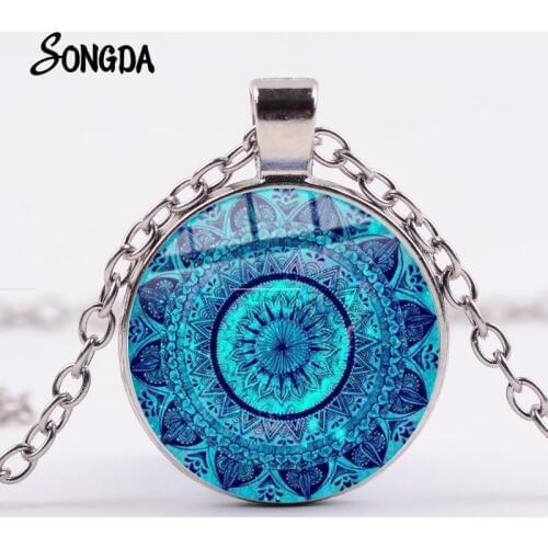 Blue Charm Mandala Necklace Buddhism Chakra Om India Zen Yoga Symbol Glass Dome Pendants Jewelry Lucky Amulet for Unisex