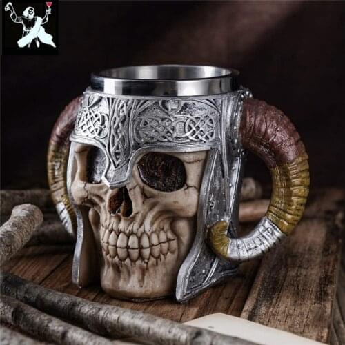 600ml Viking Skull Mug Stainless Steel Coffee Mugs Travel Cup Horn Drinking Tea Mug Halloween Mug Decoration Ceramic Tiki Mugs