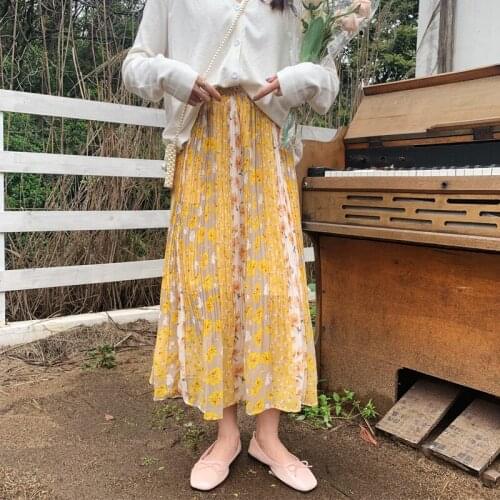 Summer Skirts Womens 2021 New Vintage Floral Print Chiffon Pleated Skirt Elastic High Waist Casual Midi Skirt Women Clothes Jupe
