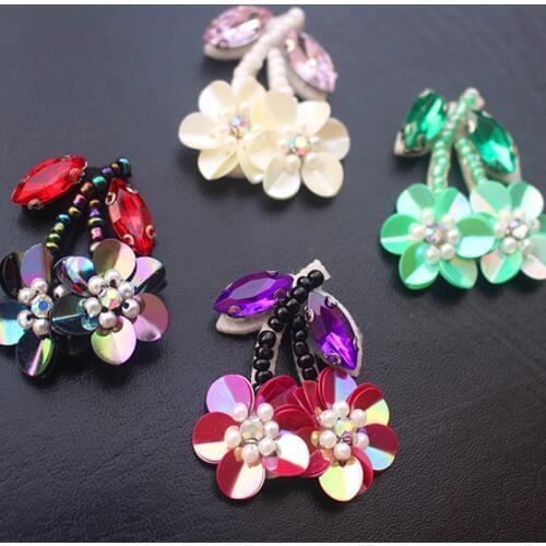 Maxsin Fun 1PC beaded Sequins cherry flowers fabric patches cute sew on rhinestone sticker DIY bags and Clothing Accessories