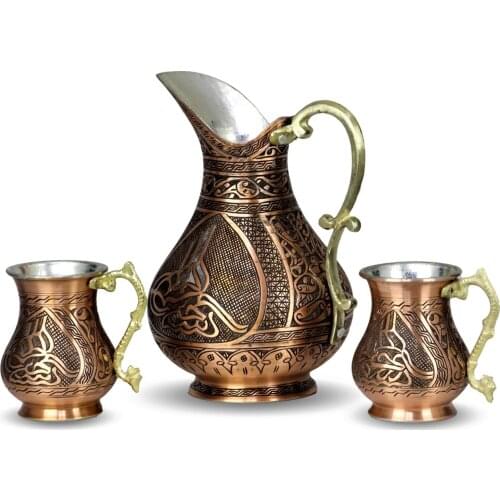 Morya Copper Water Pitcher with Lid Beverage Carafe Elegant Decanter Jug Juice Handmade Buttermilk Drinkware Vintage Style Set Red