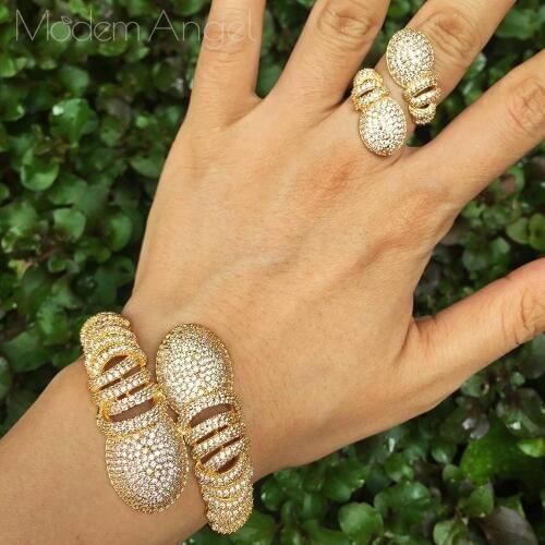 ModemAngel Luxury Flower Fashion Cubic Zirconia Dubai Wedding Copper Jewelry Bracelet Bangle Ring Set Dress Jewelry for Woman La