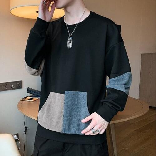Fashion Patchwork Mens Pullover Cotton O-Neck Loose Luxury Black Clothing Spring And Autumn Street Casual Shirt 6 Colors M-4XL