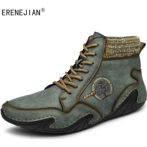 ERENEJIAN Mens Winter Warm Ankle Boots Fleece Lined Thermal High Tops Shoes Soft Leather Comfortable Sneakers Footwear