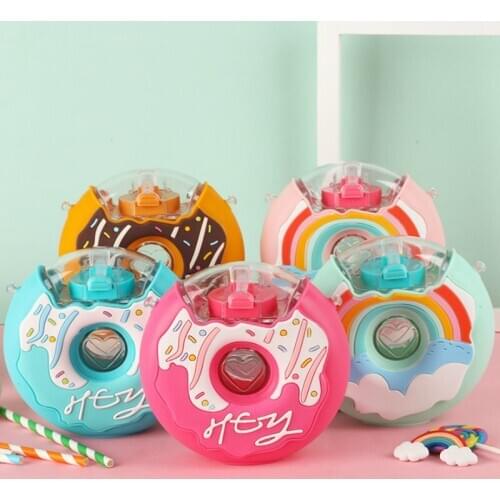 New Kawaii water bottle with straw Donut Ice Cream Water Bottle with Straw Creative Portable Leakproof Bottles for Kids/Girl