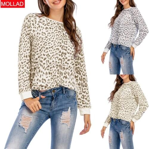Fall 2021 Leopard Print Womens Printed Wear T-shirt Europe and America round Neck Long Sleeve Top