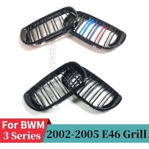 Front Kidney Double Slat Grill For BMW E46 4 Door 4D 3 Series 2002 2003 2004 2005 318i 320i 325i 330i Gloss Black Grillles