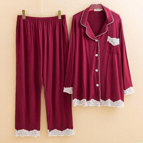 Plus size spring autumn ladies long-sleeved modal pajamas suit bust 136cm 5XL 6XL loose lace home service black navy burgundy