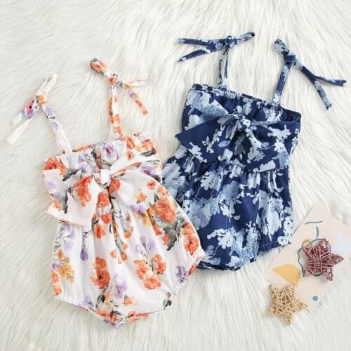 Cute Floral Summer Baby Girls Bodysuits Newborn Infant Little Girls Flower Sling Bowknot Jumpsuits+Headband Soft Cotton Outfits