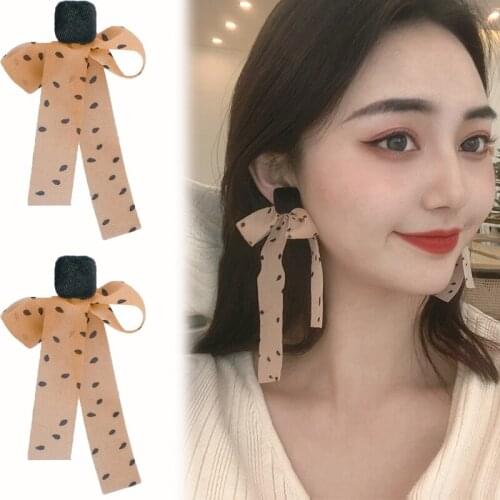 Apricot Polka Dot Bow Earrings Pendant Drop Dangle Earrings for Women Elegant Winter Long Stud Earrings Party Jewelry Wholesale