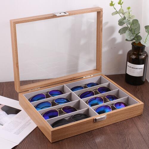High Quality Wooden 8 Grids Glasses Storage Box Sunglasses Storage Organizer Eyeglasses Display Organizer Jewelry Box With Cover