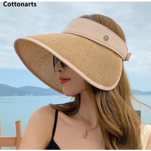 New Empty Top 14CM Big Brim Sun Hat Foldable Portable Roll-up Beach Hat Summer Casual Straw Cap Visors Cap Women Fishermans Hat