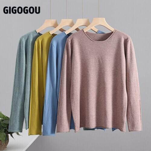 GIGOGOU Solid O Neck Women Sweater Candy Color Slim Tight Sweater Black White Fall Spring Pullovers Soft Female Jumper Tops Pull