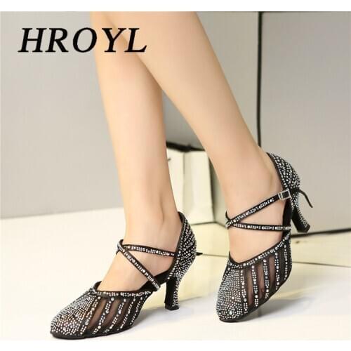HROYL Women Professional Soft Sole Indoor Ballroom Tango Salsa Latin Dance Shoes High Heels 10cm 8cm Open Toe Salsa Shoes L403