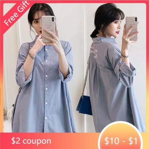Spring Korean Fashion Cotton Maternity Blouse A Line Loose Slim Shirt Clothes for Pregnant Women Pregnancy Casual Tops
