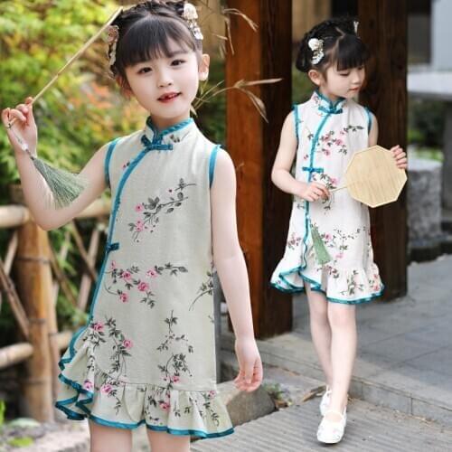 High Quality Girls Sleeveless Hanfu Kids Embroidered Chinese Qipao Children Chinese New Year Cheongsam Dress
