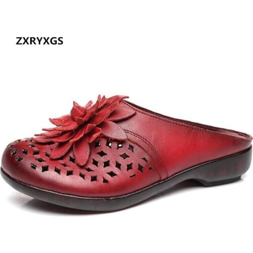 Best Sale 2021 New Classic Top Cowhide Hollow Flower Women Slippers Fashion Sandals Summer Women Leather Splippers Flat Sandals