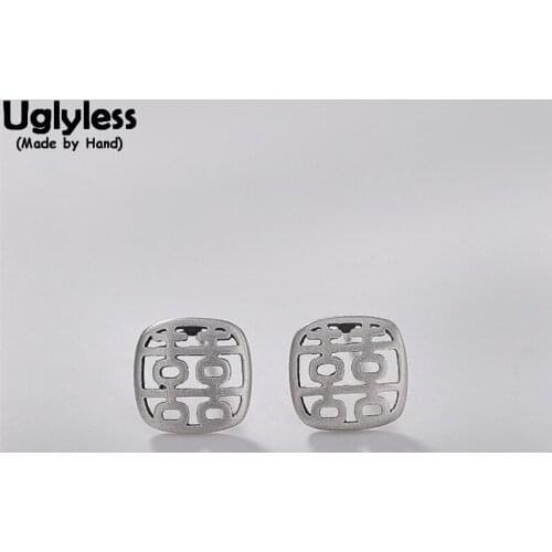 Uglyless New Popular Chinese Wind XI = HAPPY Square Studs for Women Hollow Geometric Fine Jewelry 100% Real 925 Sterling Silver