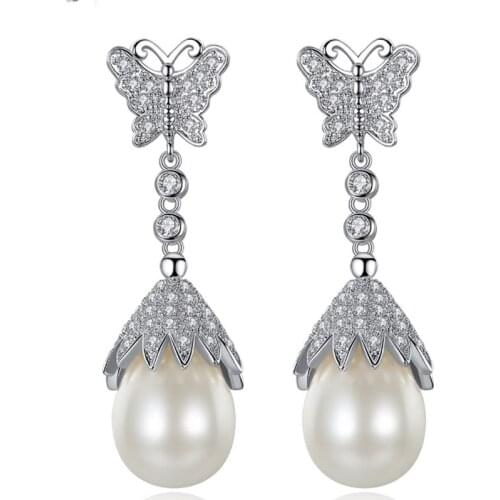 Zlxgirl jewelry brand womens pearl butterfly stud earring accessory Europe design pave zircon copper earring free couple gifts