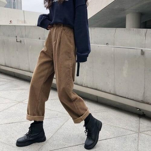 HOUZHOU New 2021 Women Autumn Corduroy Pants High Elastic Waist Vintage Korean Casual Trousers 90s Aesthetic Streetwear Velvet