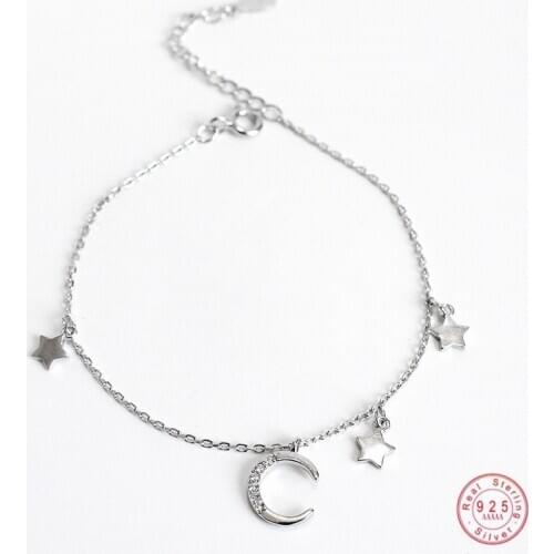 925 Sterling Silver Korean Version Simple Star Moon Pendant Bracelet Women Adjustable Party Classic Jewelry Accessories