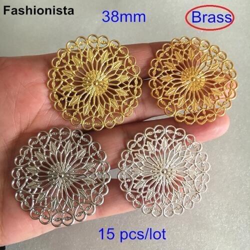 15 pcs Large Round Brass Filigree Charm Connectors 38mm,Raw Brass,Gold-color,Silver-color,Bronze,Steel color,Jewelry Findings