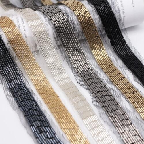 2Yard Champagne Beaded Lace Trim Tape Fabric Ribbon DIY Collar Sewing Garment Wedding Dress Headdress Materials Hair Accessories