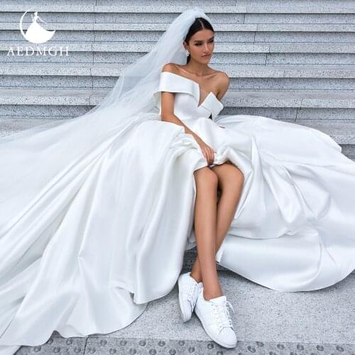Aedmgh Ball Gown Vintage Stain Wedding Dresses 2021 Strapless Off The Shoulder Robe De Mariee Simple Court Train Bridal Dress
