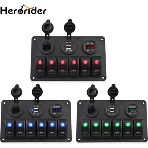 Herorider Car Switch Panel Dual USB Car Charger 12V Voltmeter 6 Gang Auto Boat Marine Cigarette Lighter Led Rocker Switch Panel