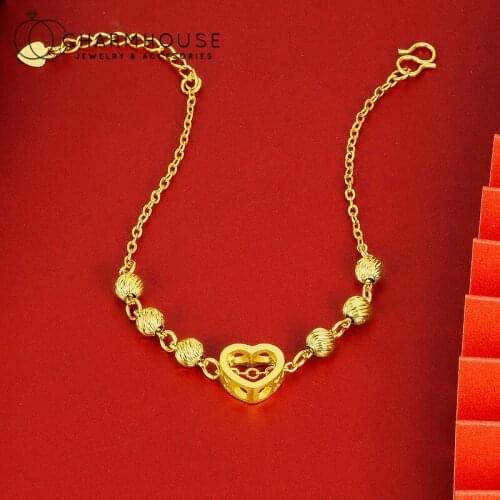 24K Yellow Gold GP Charm Bracelets For Women Heart & Bead Link Chain Wrist Bracelet Pulseira Femme Trendy Jewelry Best Gifts