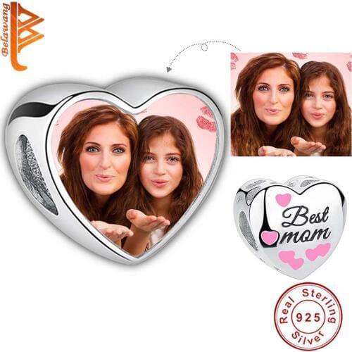 BELAWANG 925 Sterling Silver Mom Day’s Pink Heart Charms Bead Fit Bracelet DIY Customize Photo Beads Jewelry Gift