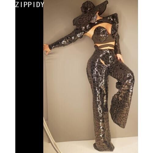 Black Reflective Sequins Outfit Set Bra Pant Shawl Hat Women Singer Dancer Show Wear Bar Party Evening Outfit Set