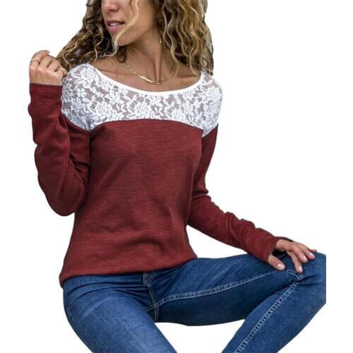 Tshirt Plus Size Solid Color Lace Patchwork Women Round Neck Long Sleeve T-Shirt Top футболка длинная футболка 2020 женская