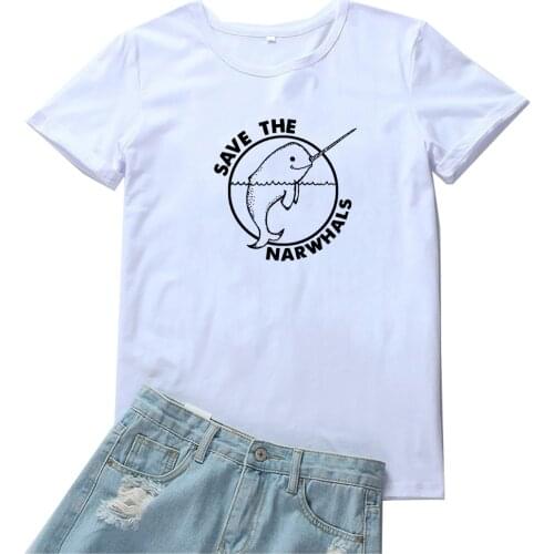 Save The Narwhals Women T-shirt Cute Cartoon Marine Life Graphic T Shirt Women Funny Pattern Tee Women Kawaii Print Tshirt Women
