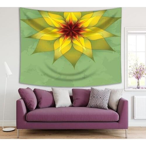 Tapestry Vintage Abstract Green Background with Golden Flower Summer Blossom Nature Theme Art