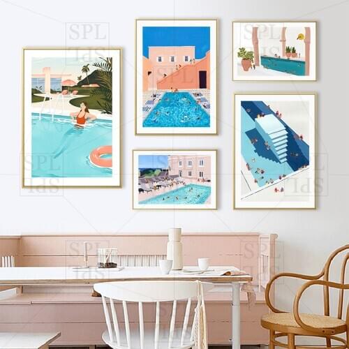 Summer Canvas Painting Swimming Pool Illustration Character Building Wall Picture for Living Room Decoration Modern Posters Art
