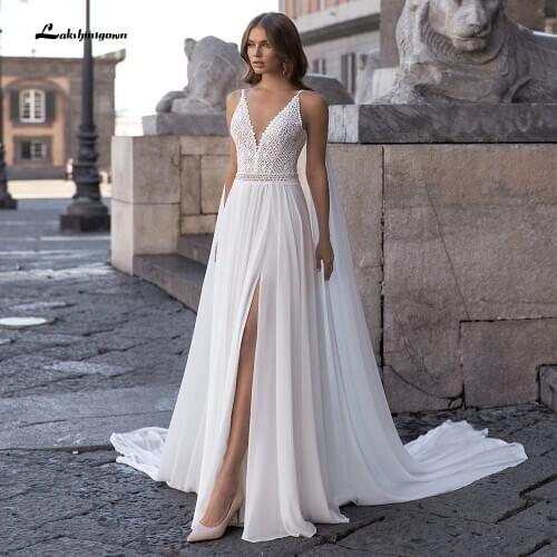 Lakshmigown Bohemian Wedding Dresses Cheap Spaghetti Straps V Neck Flowy Chiffon Bridal Wedding Gown Side Slit Robe De Mariage