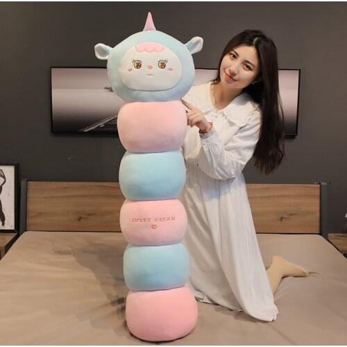 Cartoon soft cute unicorn turned caterpillar cylinder big pillow plush toy long pillow cute sleeping clip leg pillow girl bed wi