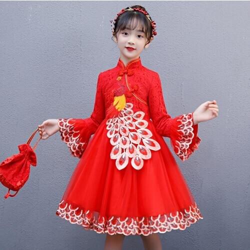 Lovely Chinese Girl Embroidery Cheongsam Princess Dress Baby Qipao Flower Girl Dress Kids New Year gift Party Evening Clothes