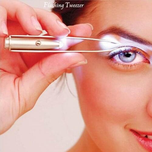 Professional Stainless Steel Makeup LED Light Slant Tip Hair Removal Eyelashes Eyebrow Tweezers Makeup Tool with Battery