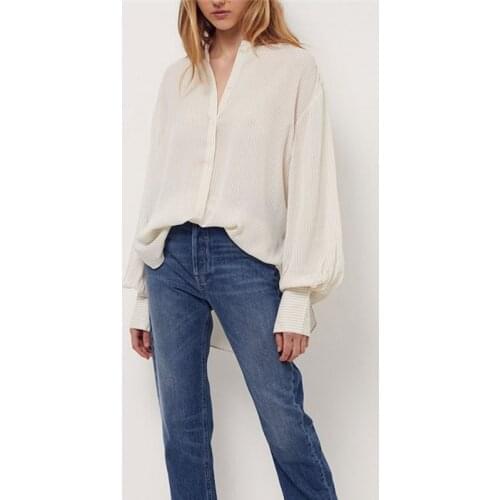 2021 Spring and Autumn New Single-breasted Small Stand-up Collar Lantern Sleeve Profile Loose Striped Shirt